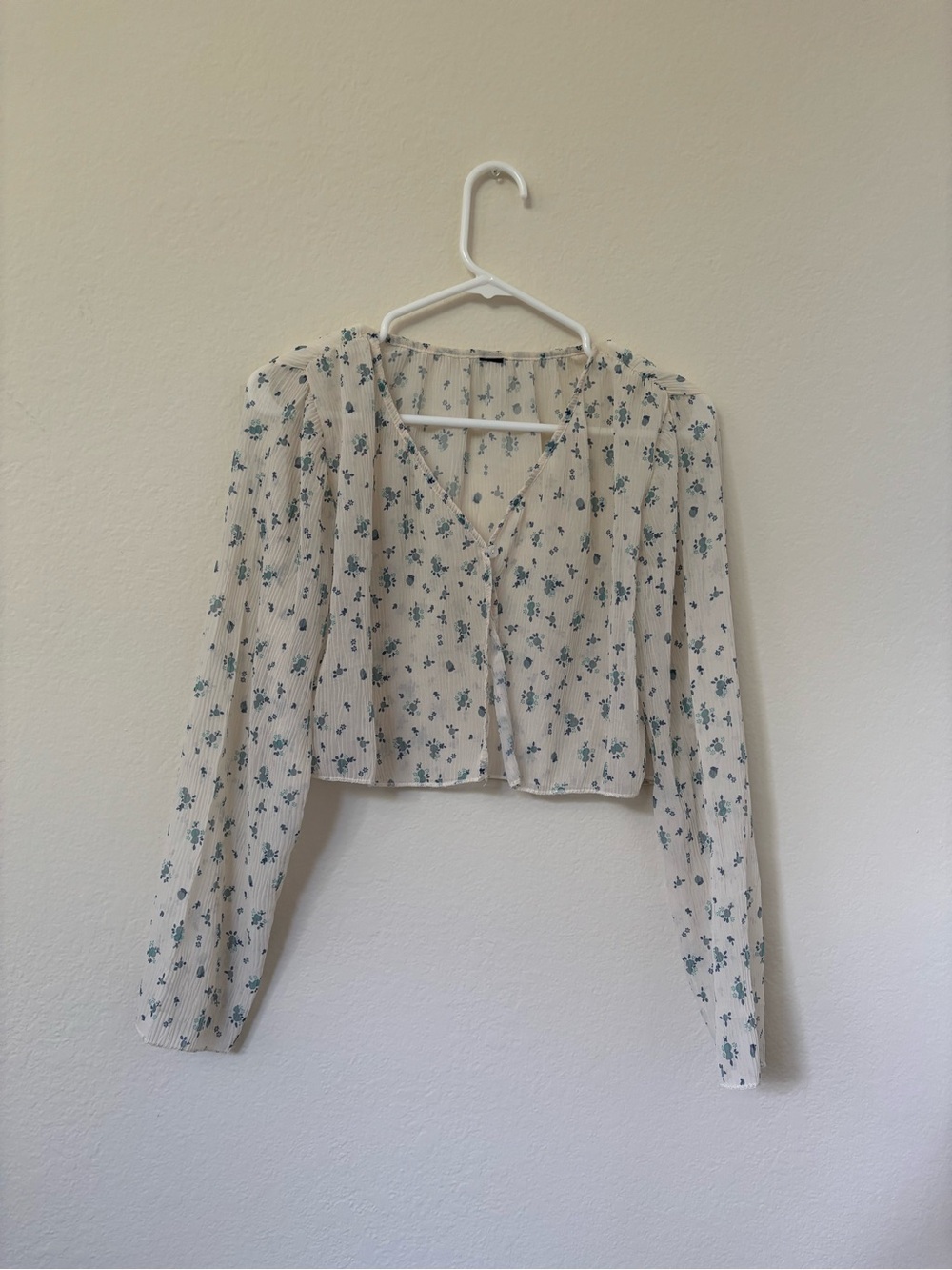 Floral Print Semi-Sheer Long Sleeve Cropped Blouse